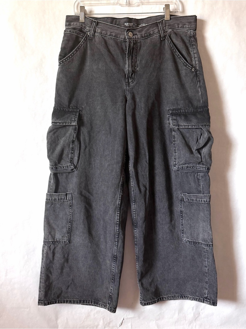 Old Navy Womens‎ Mid Rise Baggy Wide Leg Jeans Black Cargo Size 12 Drapey Denim